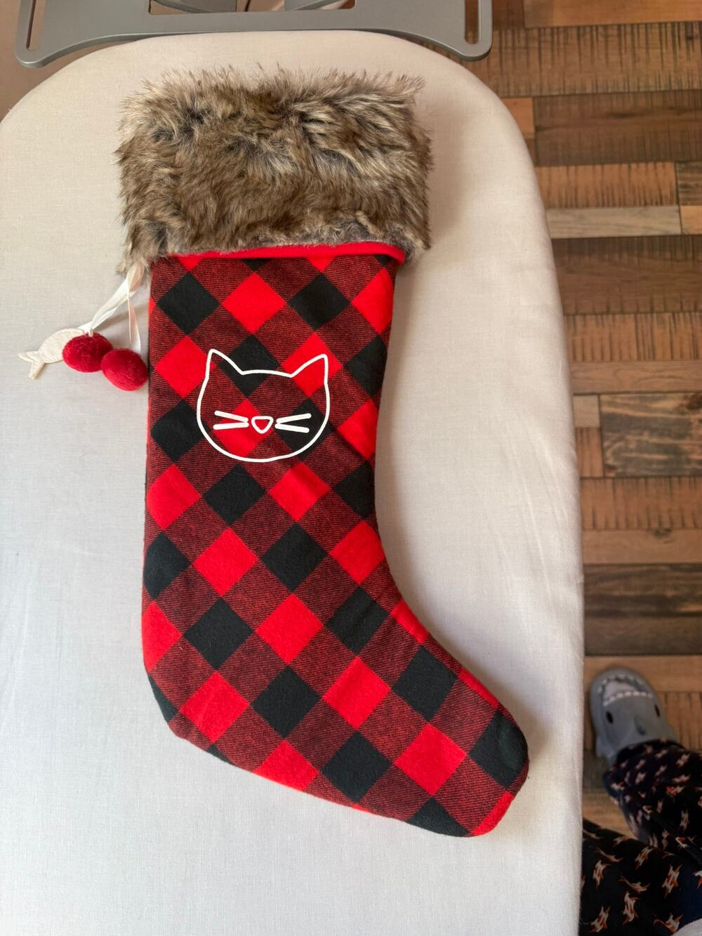 Red Black Plaid Christmas Stocking Cat Face Faux Fur Cuff